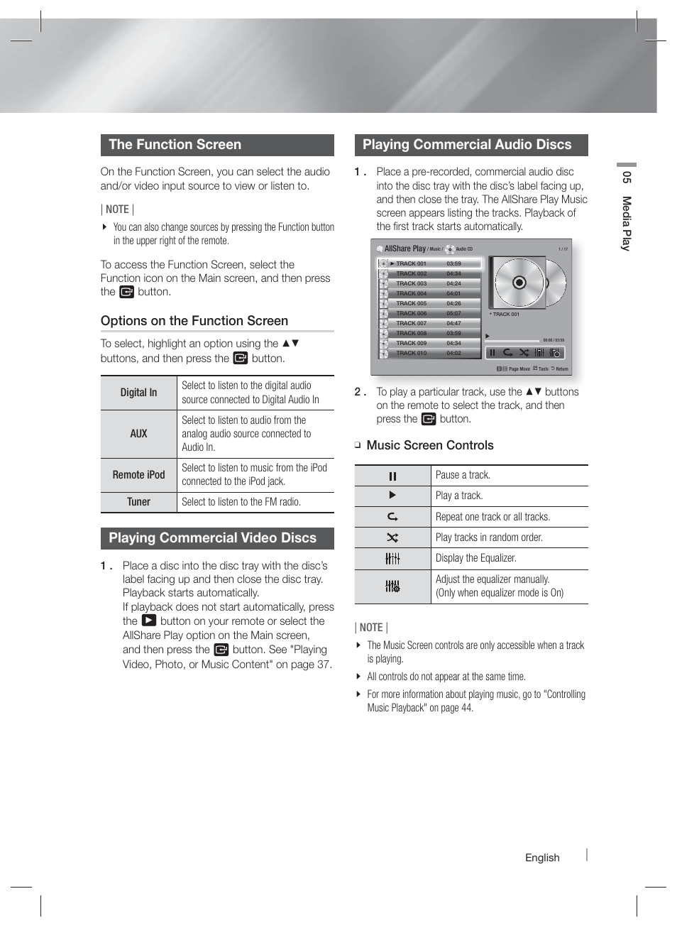 The function screen, Playing commercial video discs, Playing commercial audio discs | Options on the function screen, Music screen controls | Samsung HT-EM53C-ZA User Manual | Page 39 / 64