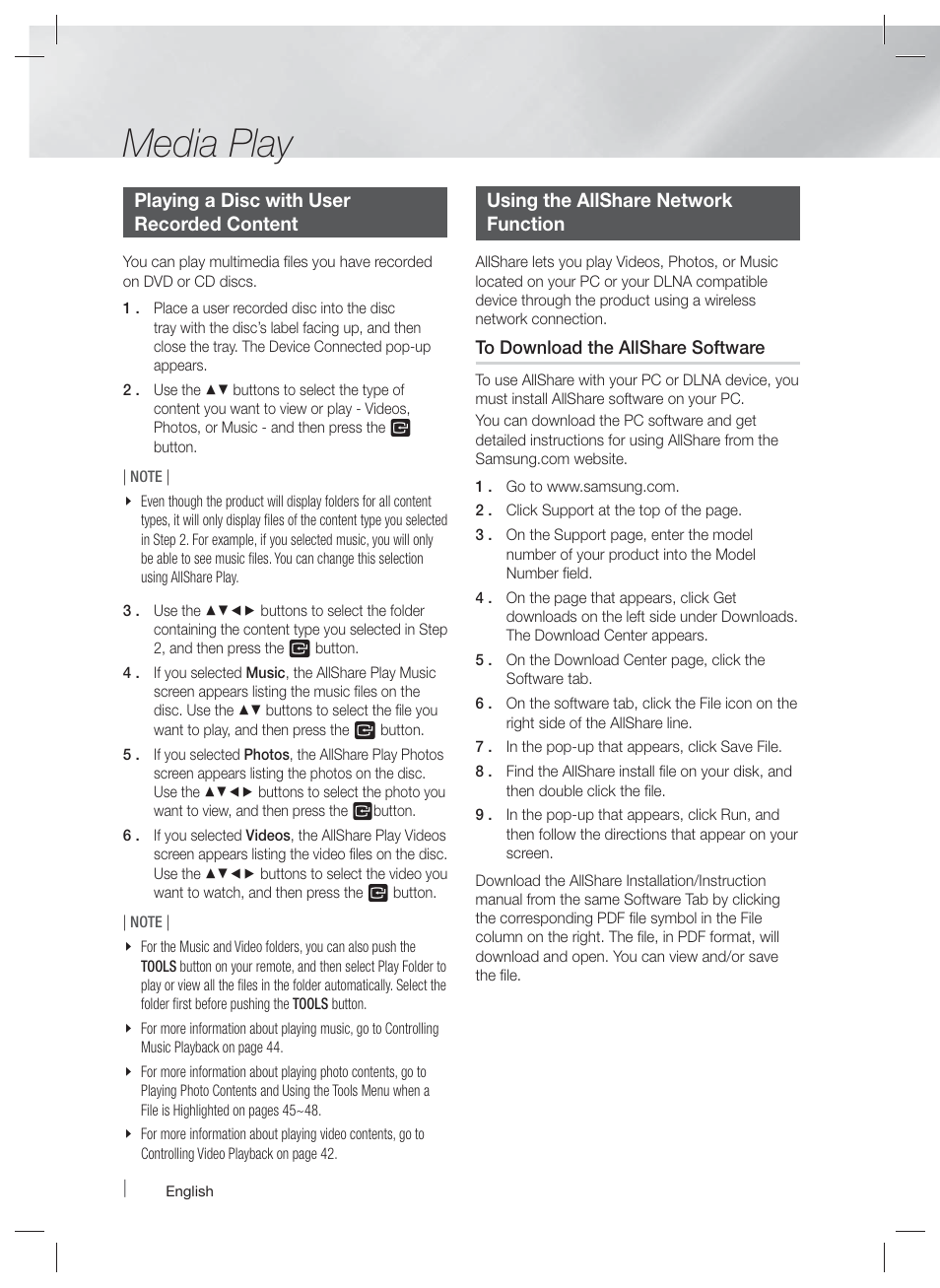 Media play | Samsung HT-EM53C-ZA User Manual | Page 40 / 64