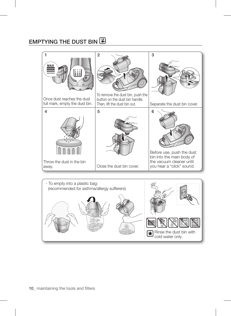 Emptying the dust bin | Samsung VCC88B0H1K-XAA User Manual | Page 10 / 48