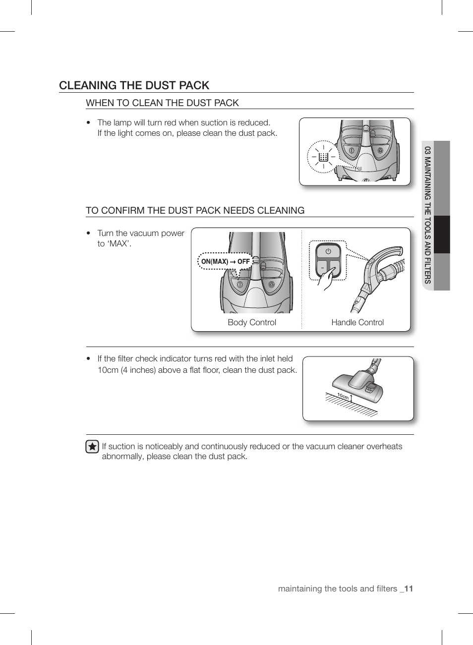 Cleaning the dust pack | Samsung VCC88B0H1K-XAA User Manual | Page 11 / 48