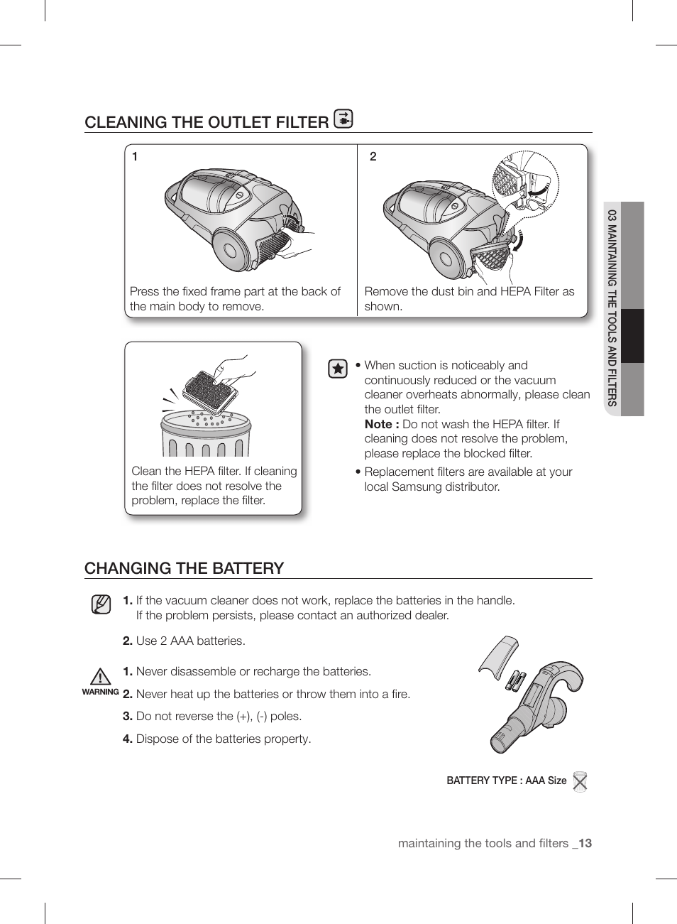 Changing the battery, Cleaning the outlet filter | Samsung VCC88B0H1K-XAA User Manual | Page 13 / 48