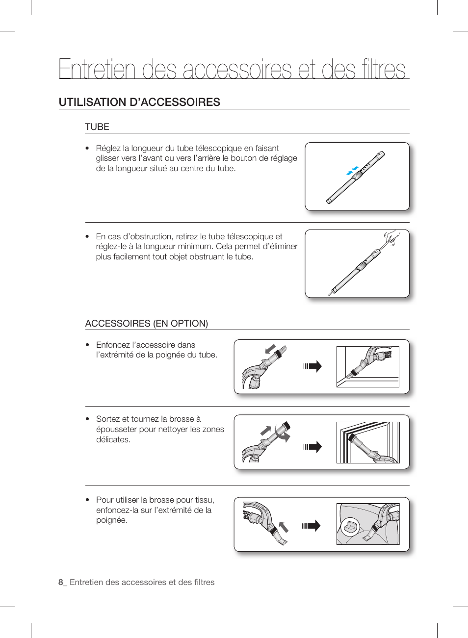 Entretien des accessoires et des ﬁ ltres, Utilisation d’accessoires | Samsung VCC88B0H1K-XAA User Manual | Page 24 / 48