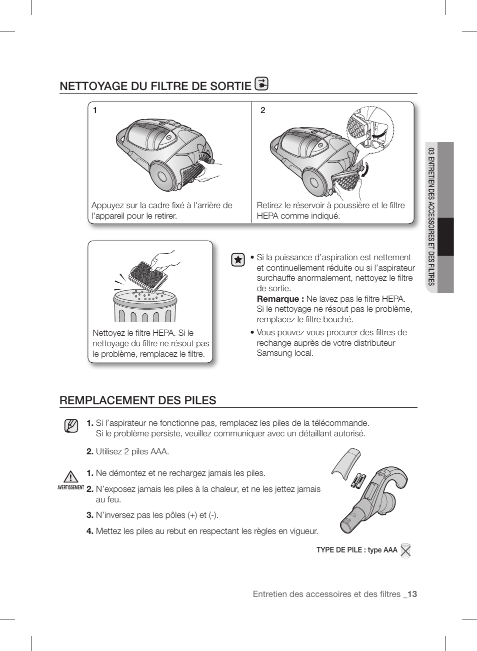 Remplacement des piles, Nettoyage du filtre de sortie | Samsung VCC88B0H1K-XAA User Manual | Page 29 / 48