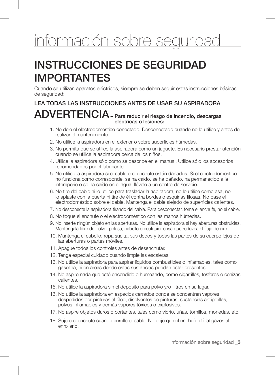 Información sobre seguridad, Instrucciones de seguridad importantes, Advertencia | Samsung VCC88B0H1K-XAA User Manual | Page 35 / 48