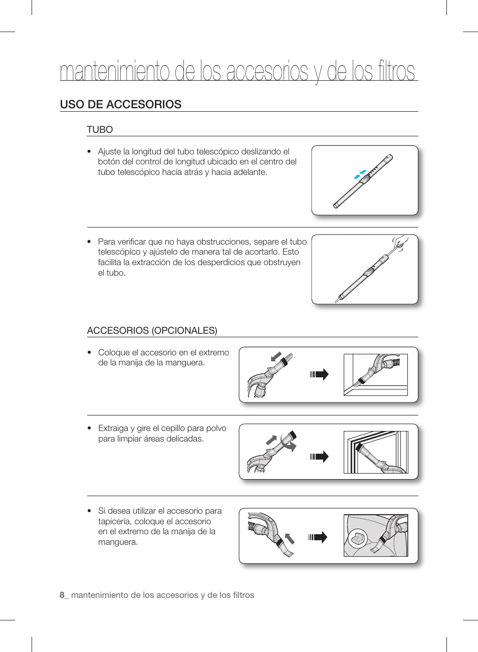 Mantenimiento de los accesorios y de los ﬁ ltros, Uso de accesorios | Samsung VCC88B0H1K-XAA User Manual | Page 40 / 48
