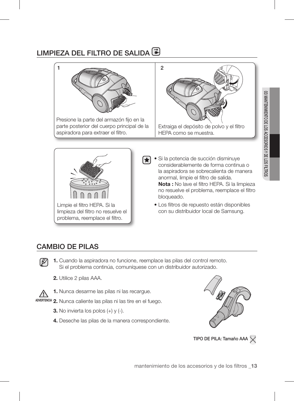 Cambio de pilas, Limpieza del filtro de salida | Samsung VCC88B0H1K-XAA User Manual | Page 45 / 48
