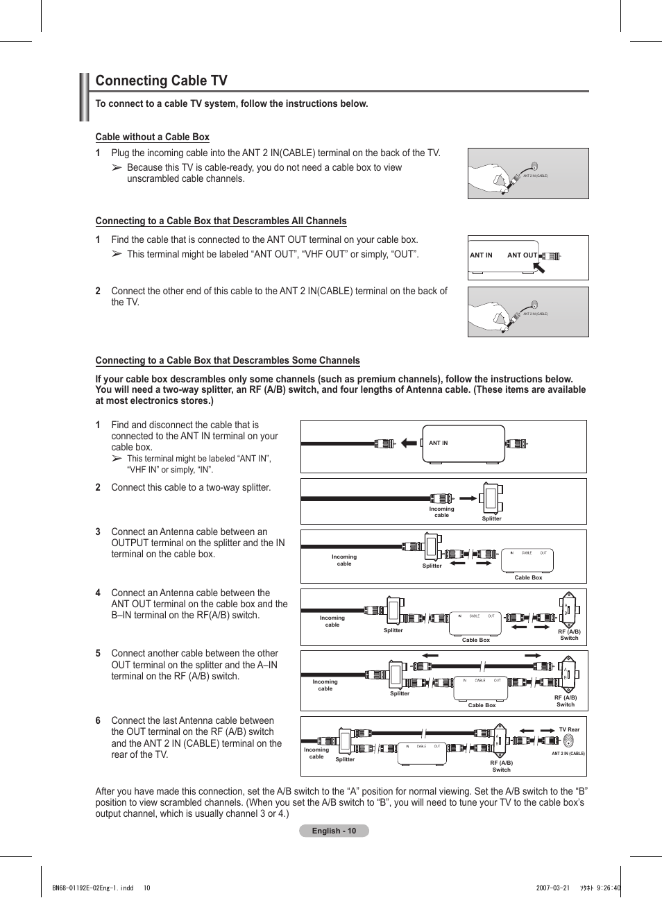 Connecting cable tv | Samsung HPT5054X-XAA User Manual | Page 10 / 144
