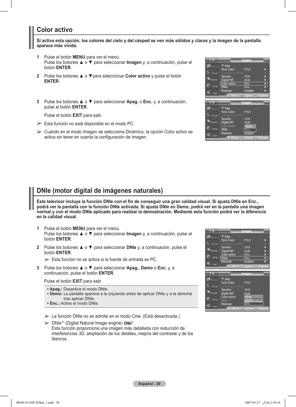 Color activo, Dnie (motor digital de imágenes naturales) | Samsung HPT5054X-XAA User Manual | Page 101 / 144