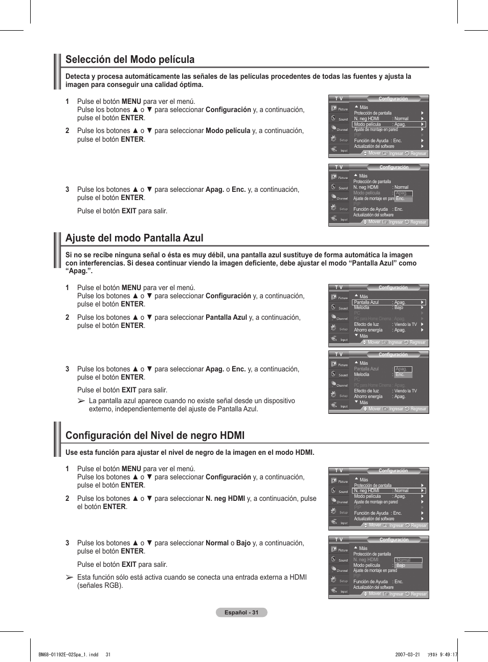 Selección del modo película, Ajuste del modo pantalla azul, Configuración del nivel de negro hdmi | Samsung HPT5054X-XAA User Manual | Page 102 / 144