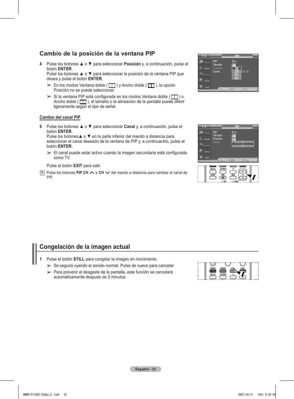 Congelación de la imagen actual, Cambio de la posición de la ventana pip | Samsung HPT5054X-XAA User Manual | Page 104 / 144