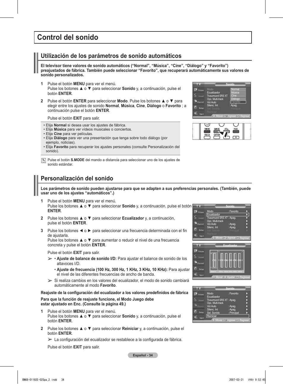 Control del sonido, Personalización del sonido | Samsung HPT5054X-XAA User Manual | Page 105 / 144