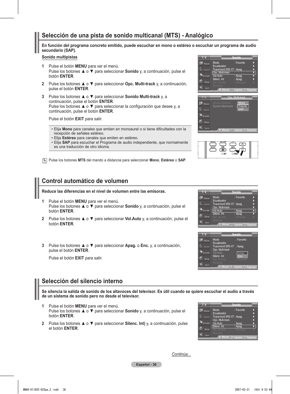 Control automático de volumen, Selección del silencio interno | Samsung HPT5054X-XAA User Manual | Page 107 / 144