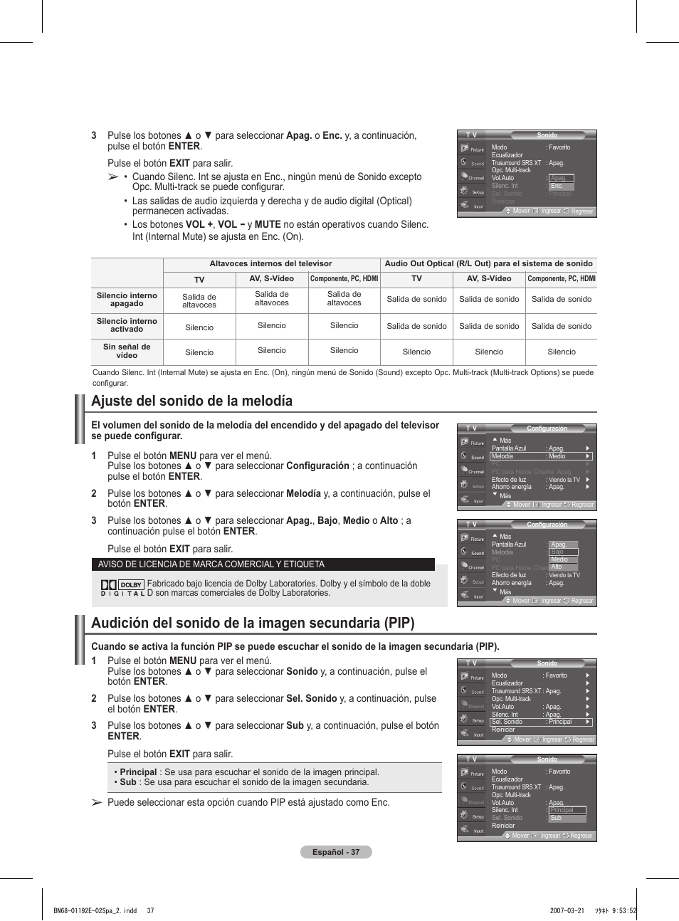 Audición del sonido de la imagen secundaria (pip), Ajuste del sonido de la melodía | Samsung HPT5054X-XAA User Manual | Page 108 / 144