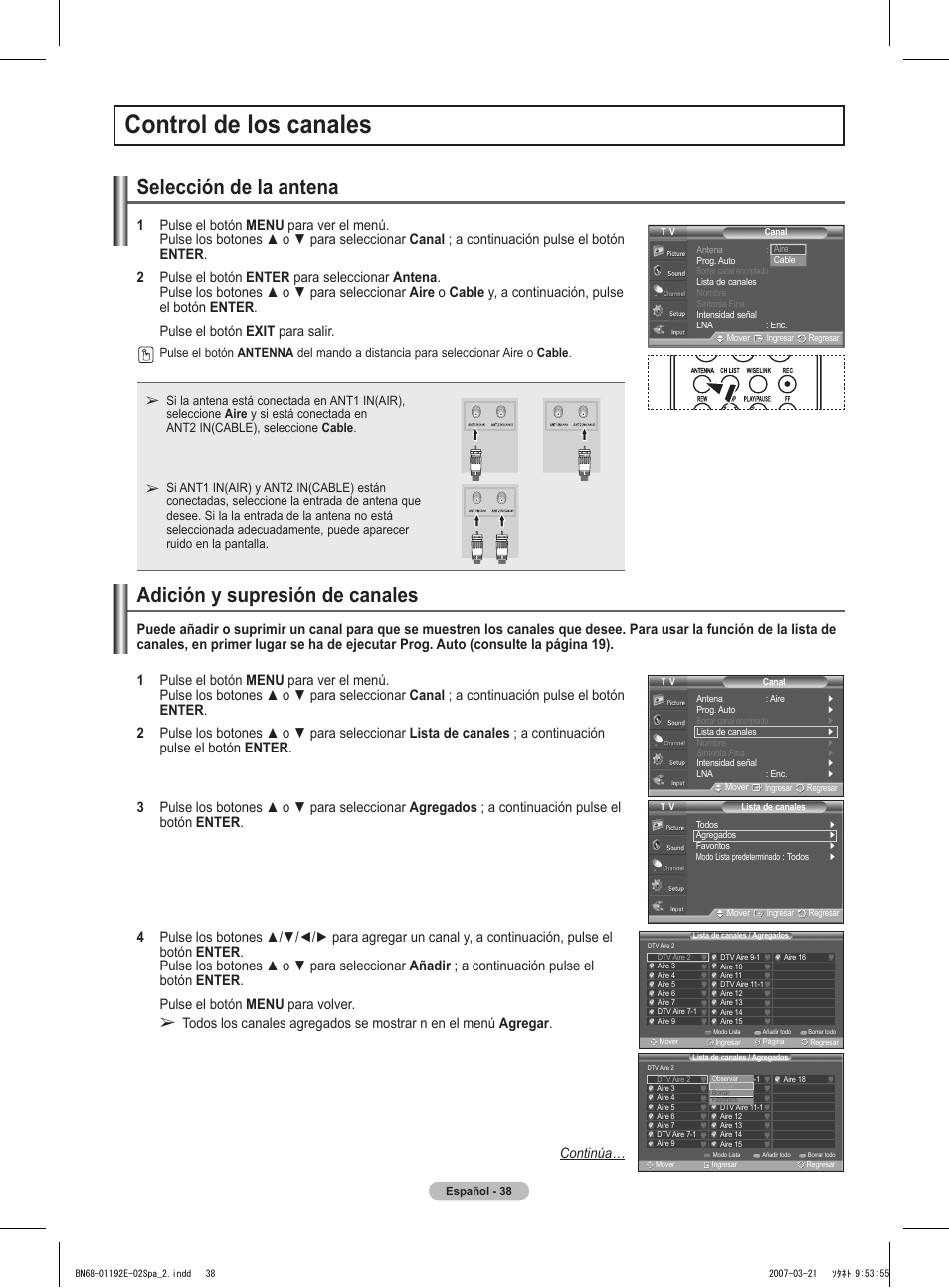 Control de los canales, Selección de la antena, Adición y supresión de canales | Samsung HPT5054X-XAA User Manual | Page 109 / 144