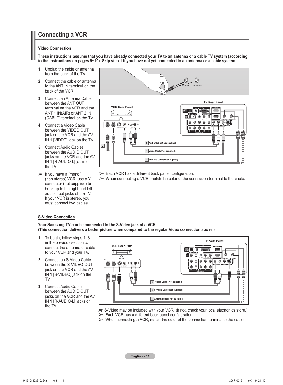 Connecting a vcr | Samsung HPT5054X-XAA User Manual | Page 11 / 144