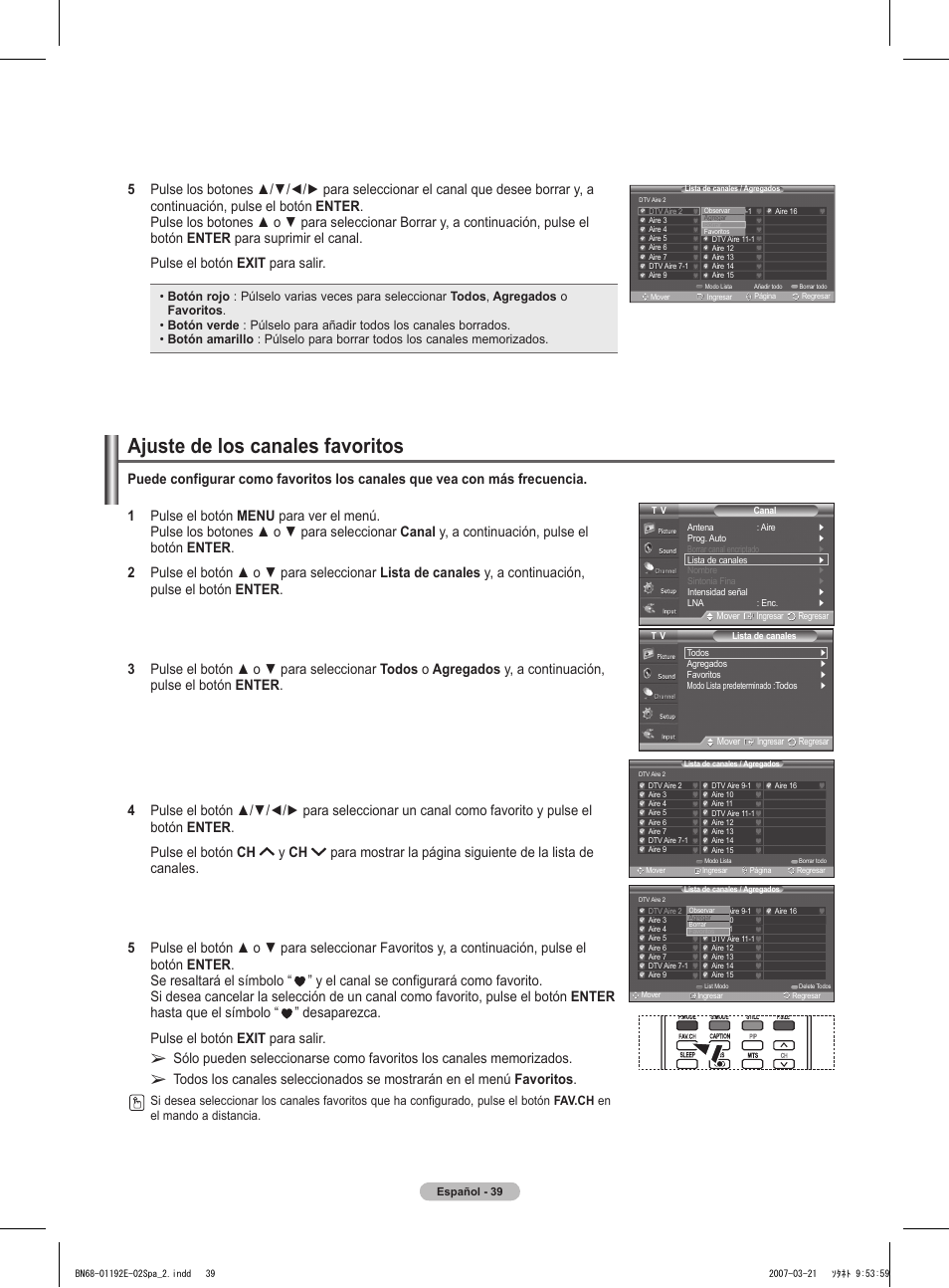 Ajuste de los canales favoritos | Samsung HPT5054X-XAA User Manual | Page 110 / 144