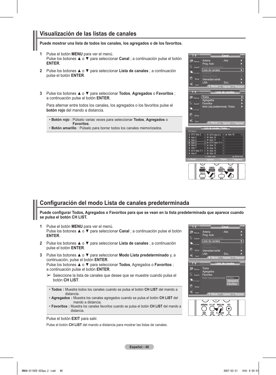 Visualización de las listas de canales, Pulse el botón exit para salir | Samsung HPT5054X-XAA User Manual | Page 111 / 144