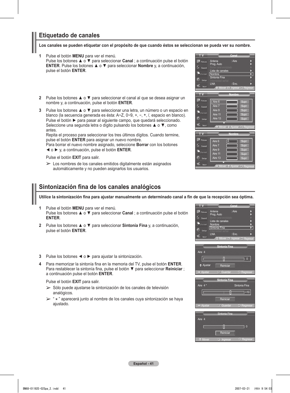 Etiquetado de canales, Sintonización fina de los canales analógicos | Samsung HPT5054X-XAA User Manual | Page 112 / 144