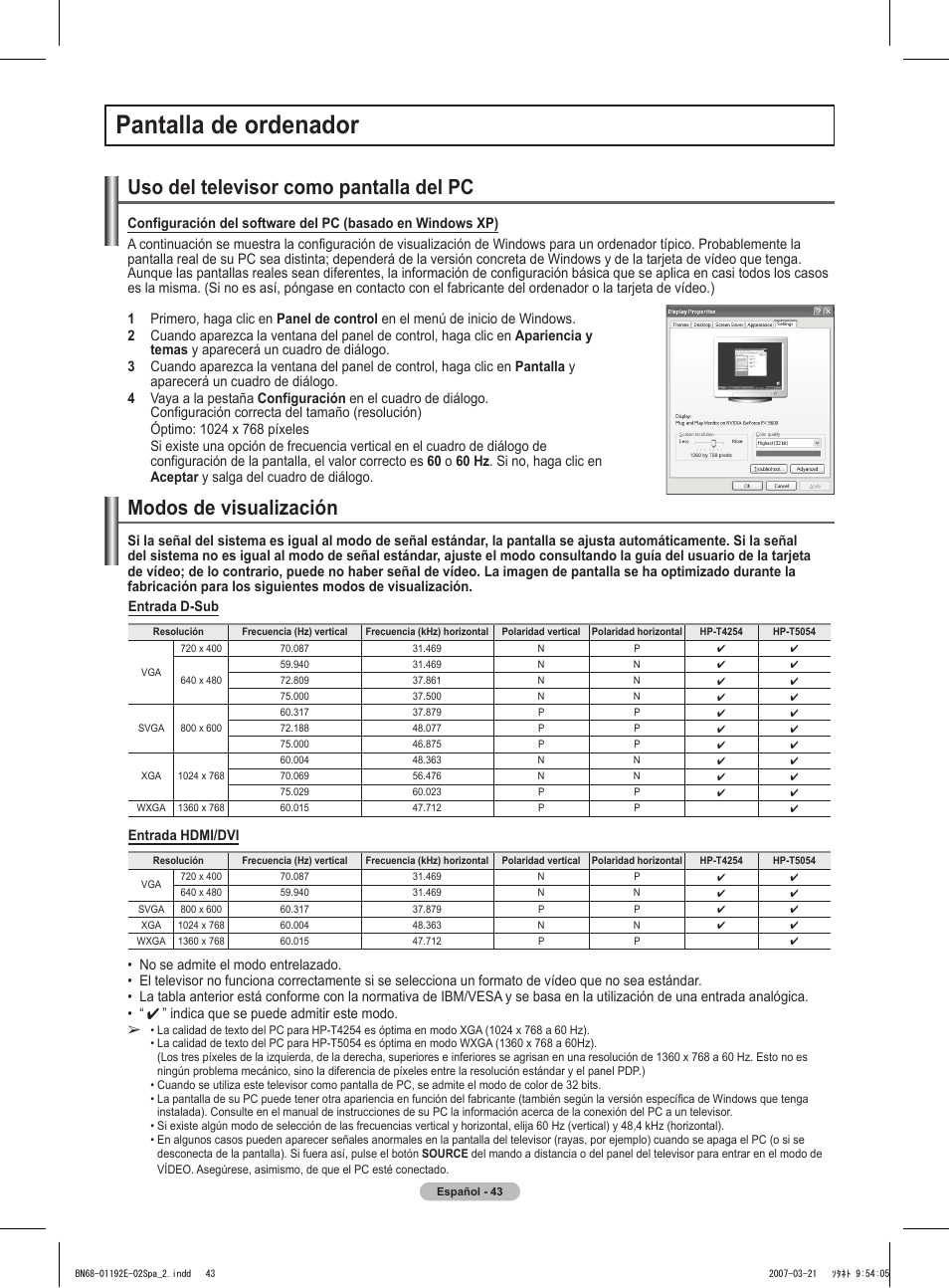 Pantalla de ordenador, Uso del televisor como pantalla del pc, Modos de visualización | Samsung HPT5054X-XAA User Manual | Page 114 / 144