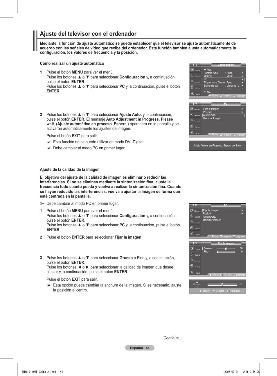 Ajuste del televisor con el ordenador | Samsung HPT5054X-XAA User Manual | Page 115 / 144