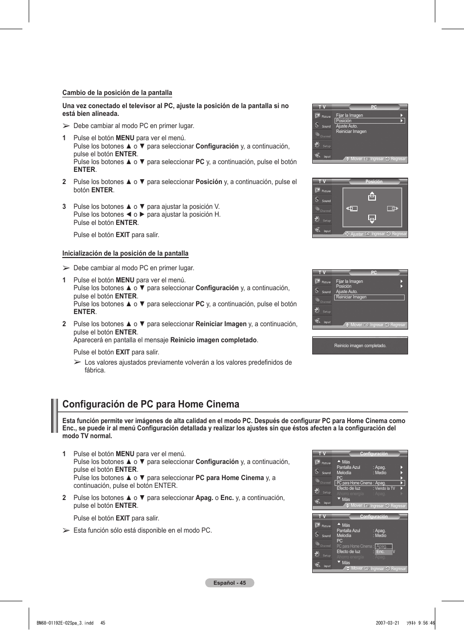 Configuración de pc para home cinema | Samsung HPT5054X-XAA User Manual | Page 116 / 144
