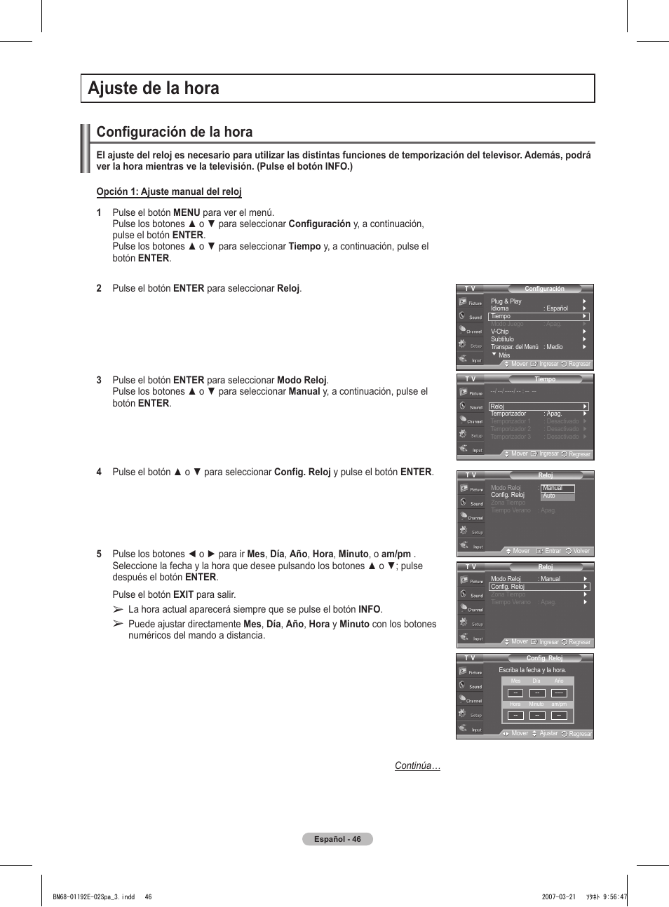 Ajuste de la hora, Configuración de la hora | Samsung HPT5054X-XAA User Manual | Page 117 / 144