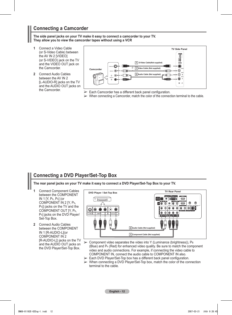 Connecting a camcorder, Connecting a dvd player/set-top box | Samsung HPT5054X-XAA User Manual | Page 12 / 144