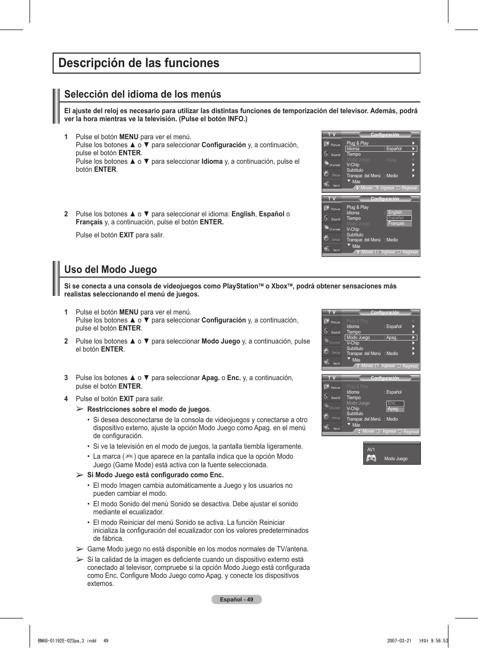 Descripción de las funciones, Selección del idioma de los menús, Uso del modo juego | Samsung HPT5054X-XAA User Manual | Page 120 / 144