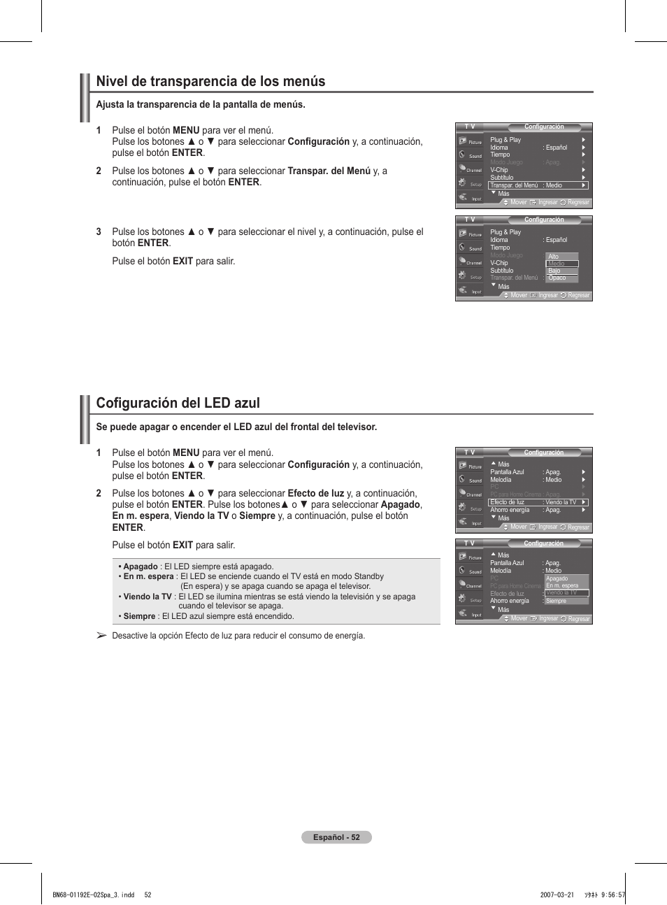 Nivel de transparencia de los menús, Cofiguración del led azul | Samsung HPT5054X-XAA User Manual | Page 123 / 144