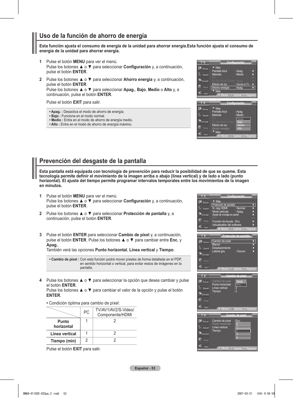 Uso de la función de ahorro de energía, Prevención del desgaste de la pantalla | Samsung HPT5054X-XAA User Manual | Page 124 / 144