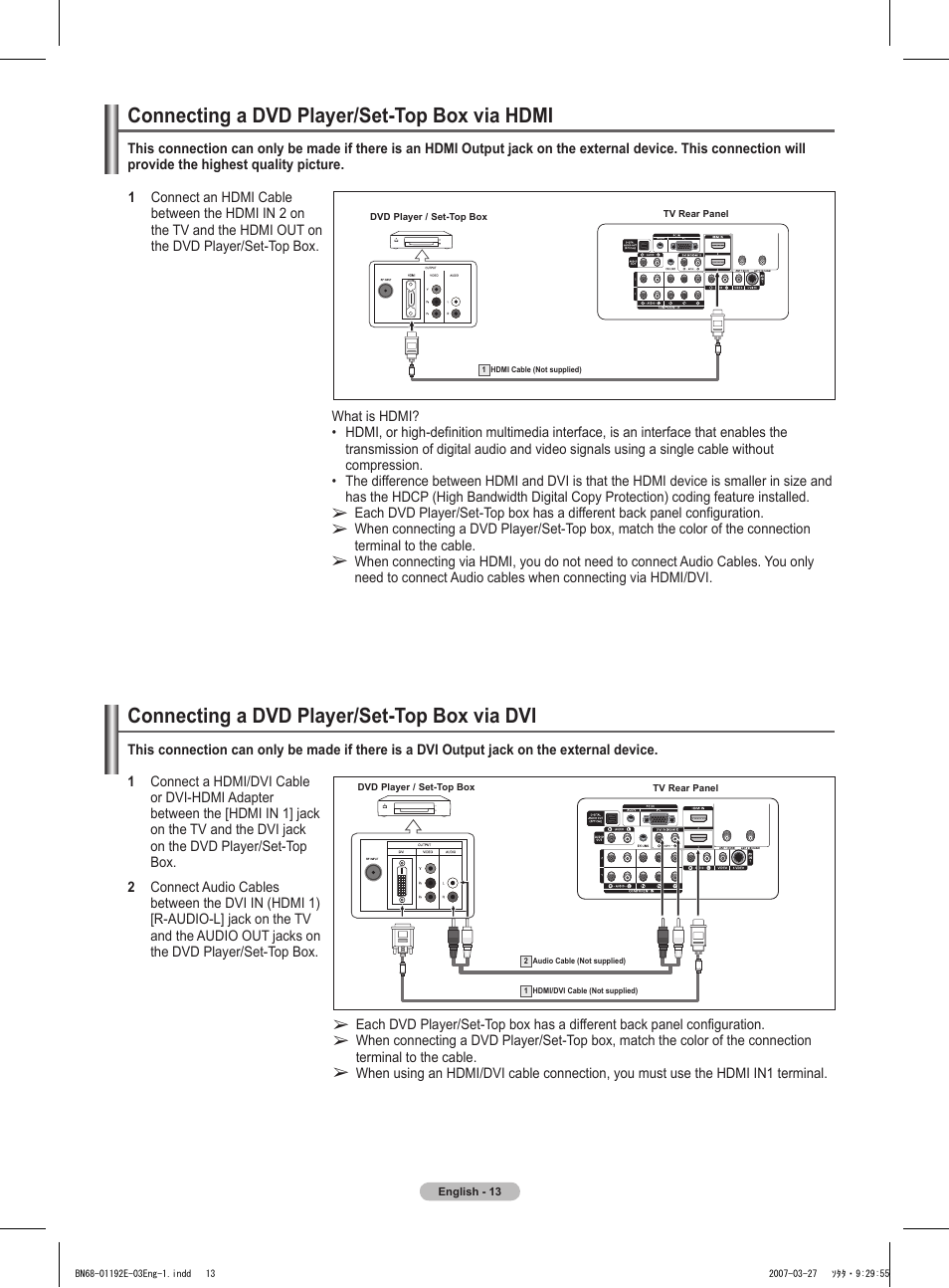 Connecting a dvd player/set-top box via hdmi, Connecting a dvd player/set-top box via dvi | Samsung HPT5054X-XAA User Manual | Page 13 / 144