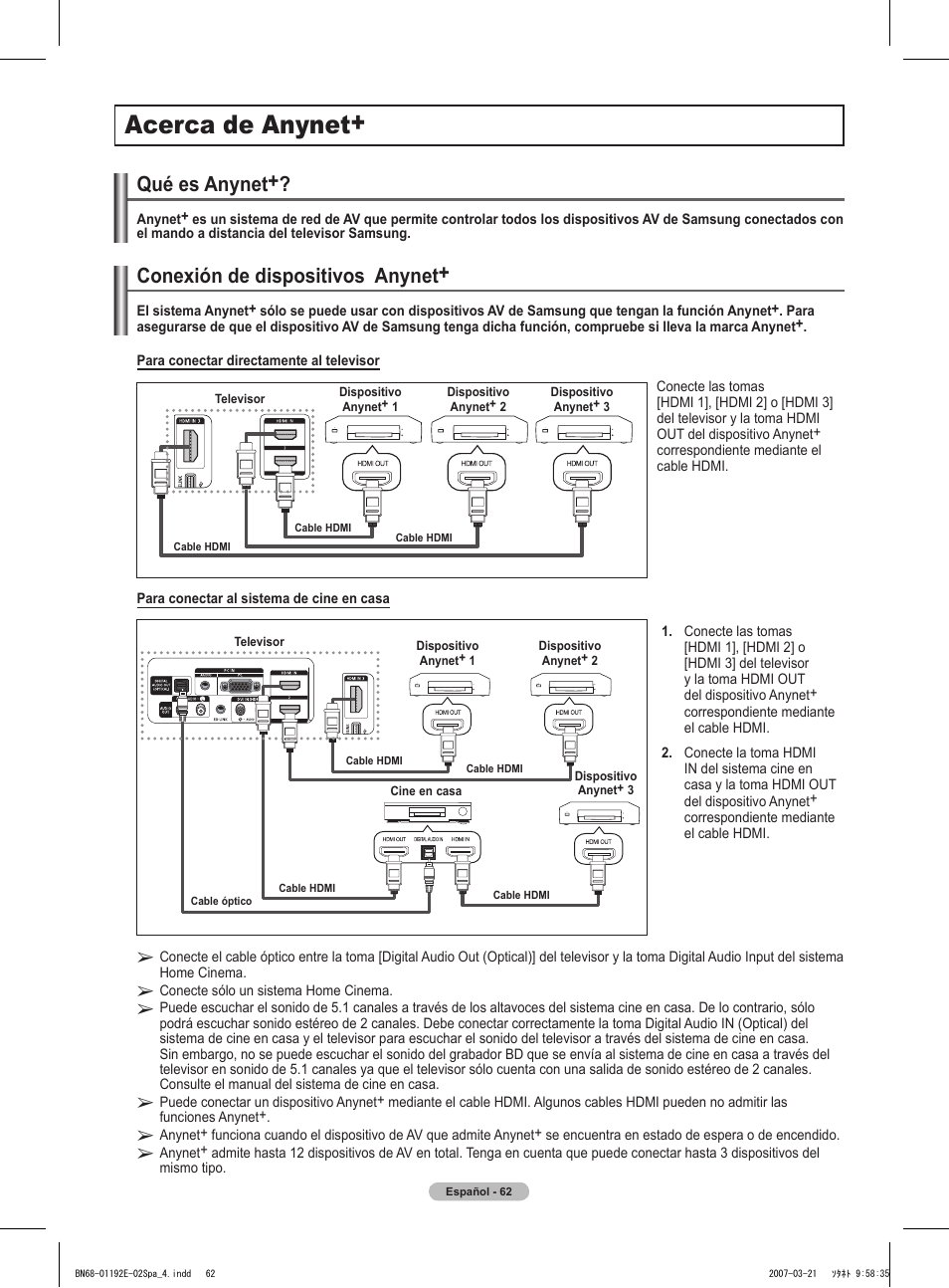 Acerca de anynet, Conexión de dispositivos anynet, Qué es anynet | Samsung HPT5054X-XAA User Manual | Page 133 / 144