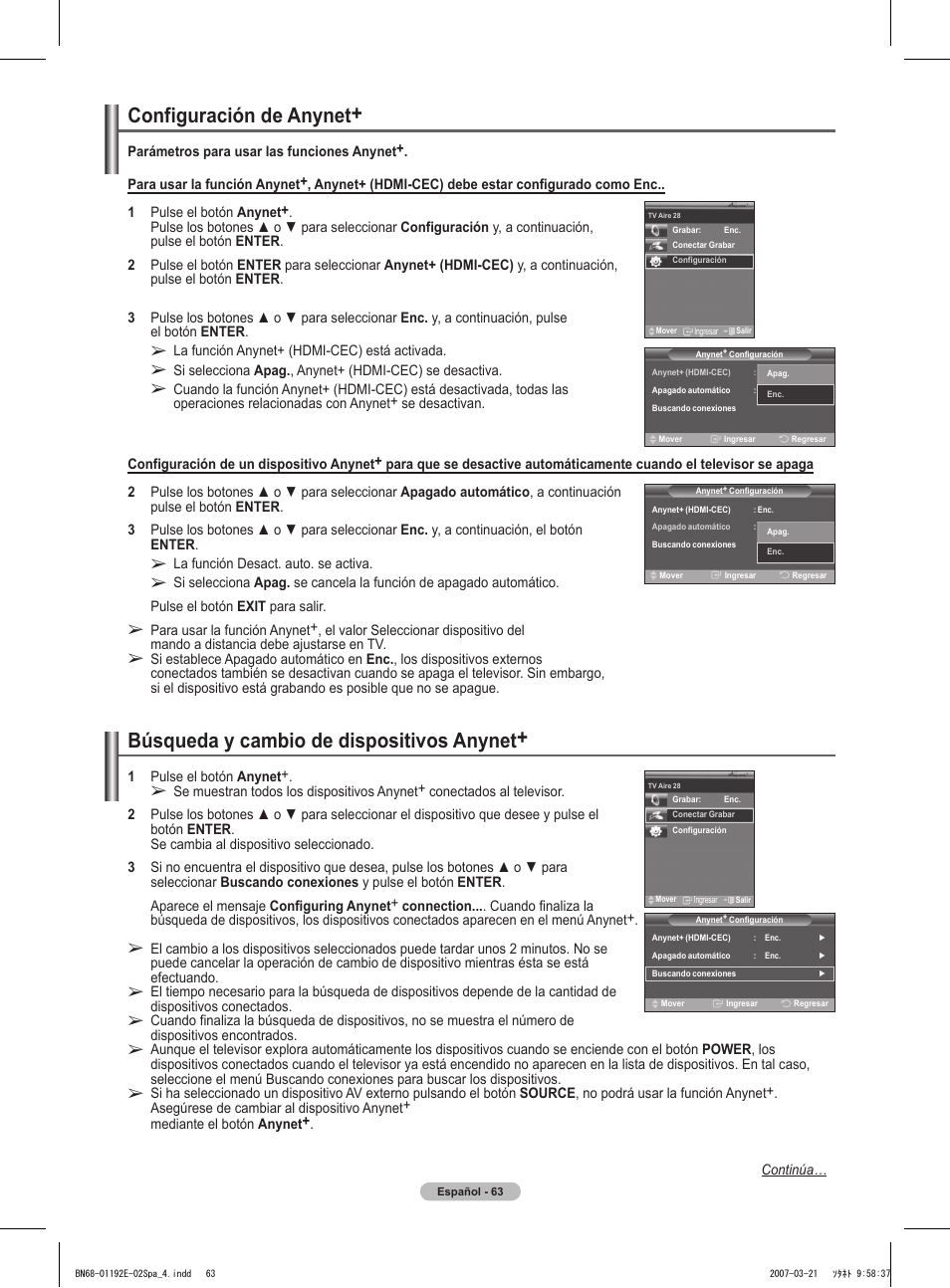 Configuración de anynet, Búsqueda y cambio de dispositivos anynet | Samsung HPT5054X-XAA User Manual | Page 134 / 144