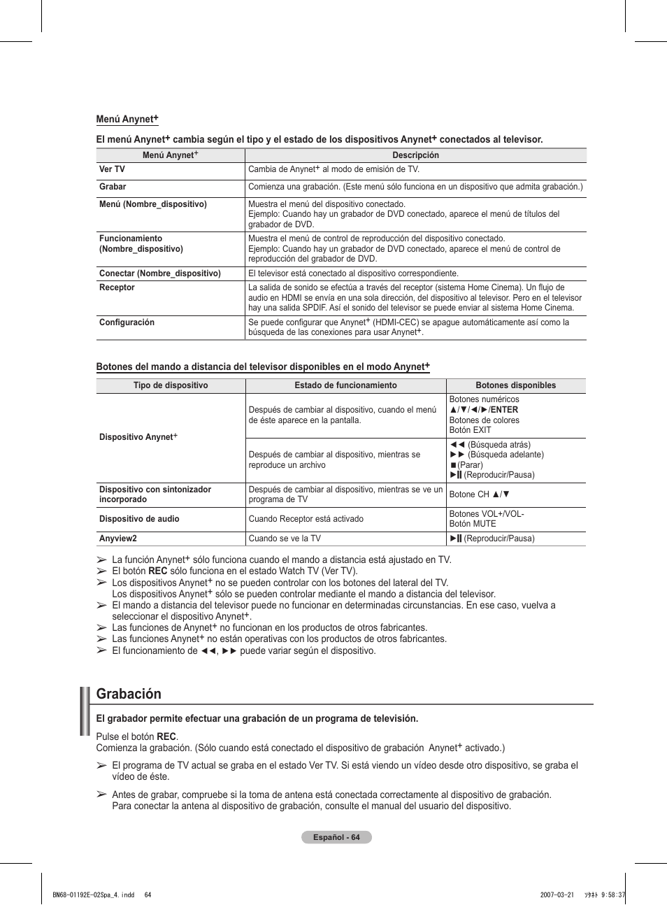 Grabación | Samsung HPT5054X-XAA User Manual | Page 135 / 144