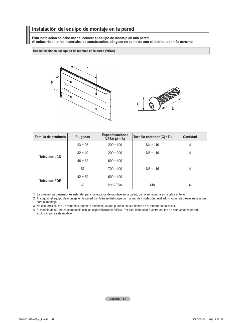 Instalación del equipo de montaje en la pared | Samsung HPT5054X-XAA User Manual | Page 138 / 144