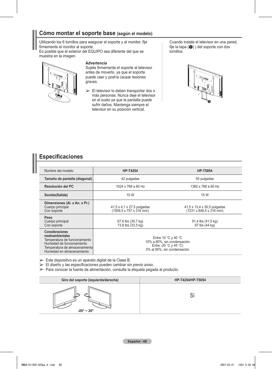 Cómo montar el soporte base, Especificaciones sí | Samsung HPT5054X-XAA User Manual | Page 139 / 144