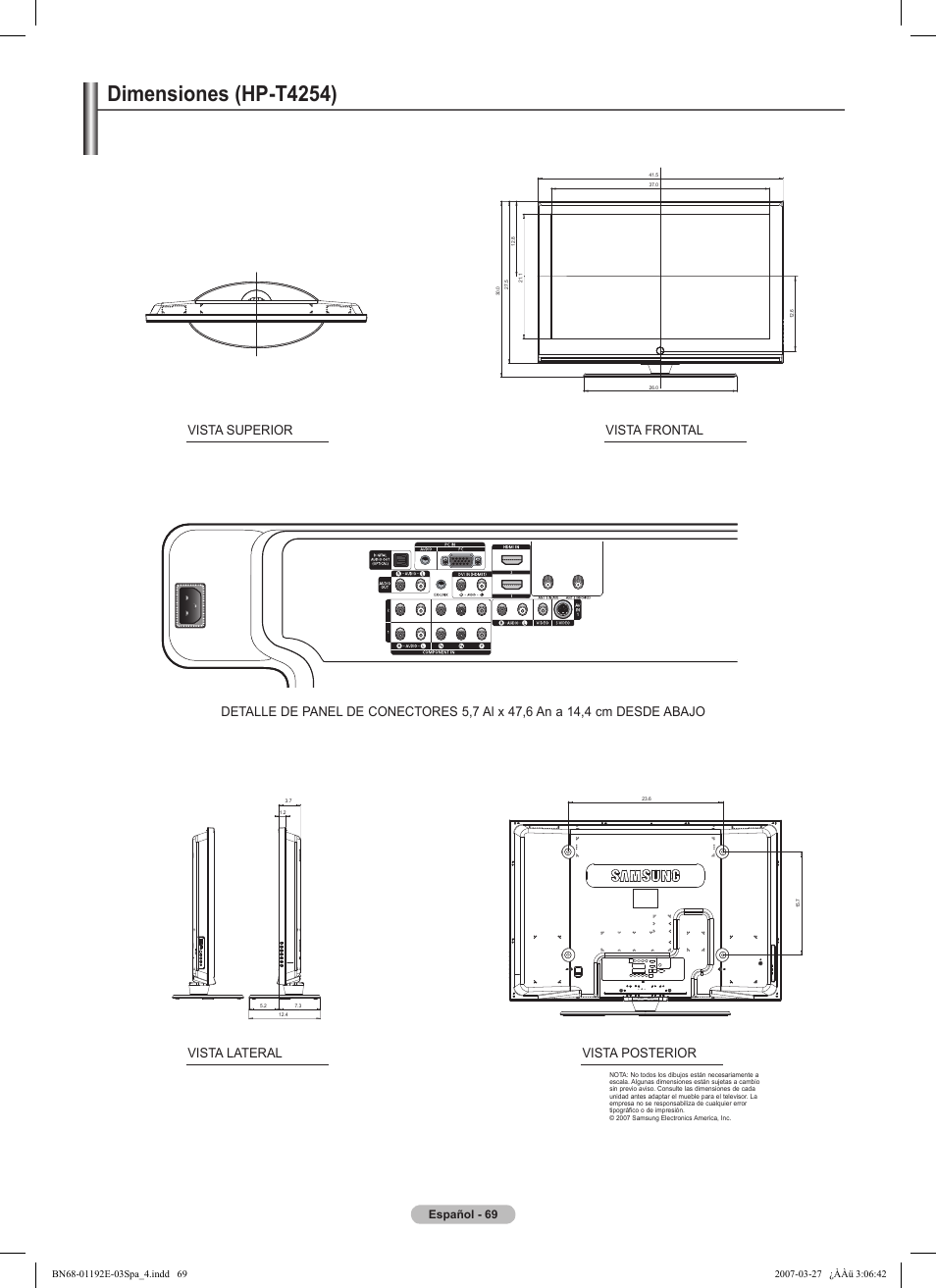 Dimensiones (hp-t4254), Español - 69 | Samsung HPT5054X-XAA User Manual | Page 140 / 144