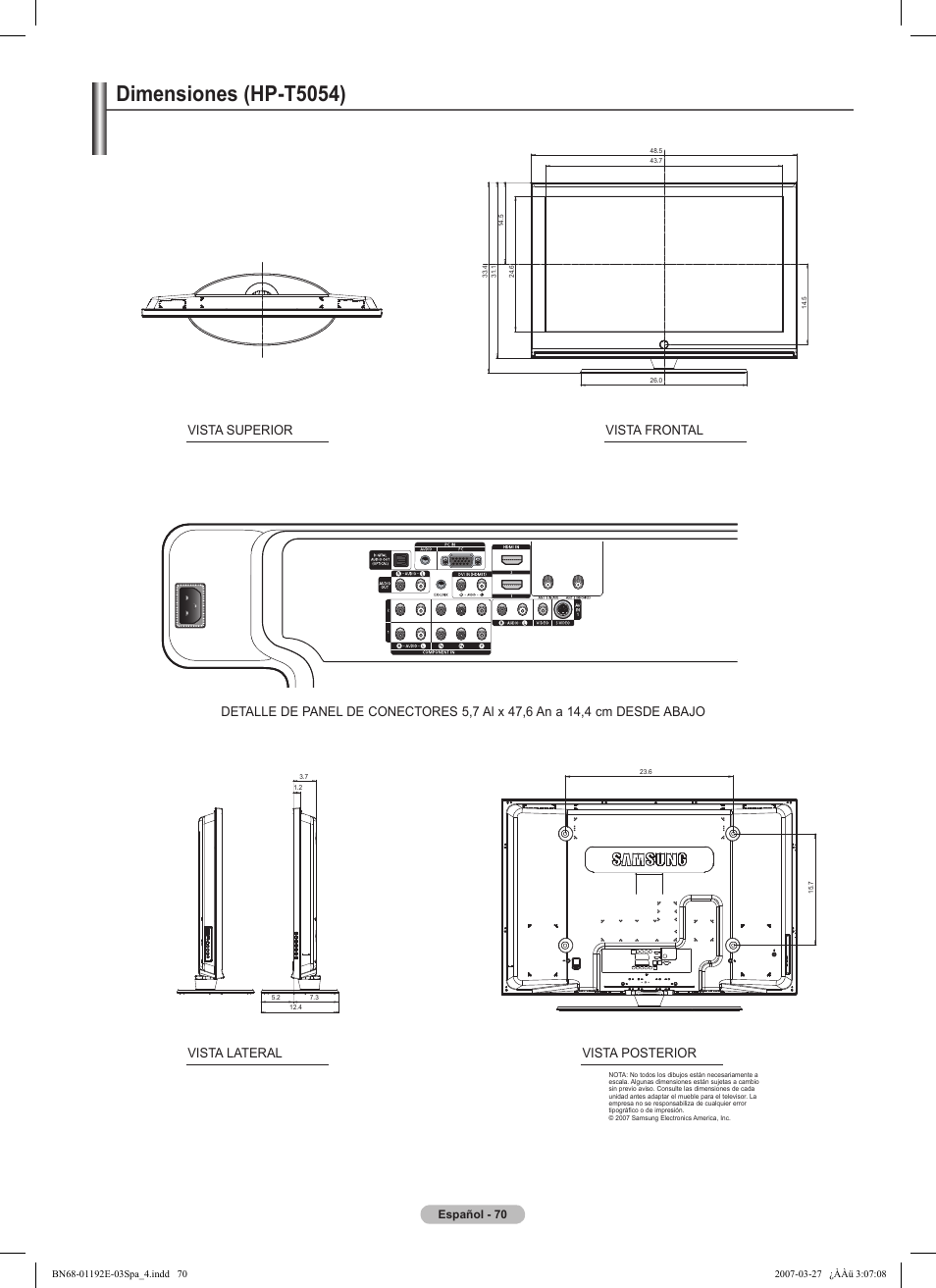 Esta página se ha dejado en blanco expresamente, Dimensiones (hp-t5054) | Samsung HPT5054X-XAA User Manual | Page 141 / 144