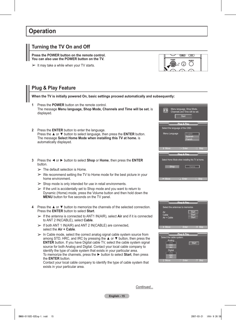 Operation, Turning the tv on and off, Plug & play feature | Samsung HPT5054X-XAA User Manual | Page 15 / 144