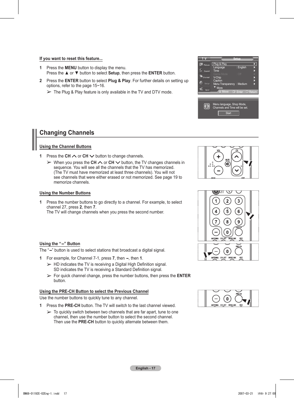 Changing channels | Samsung HPT5054X-XAA User Manual | Page 17 / 144