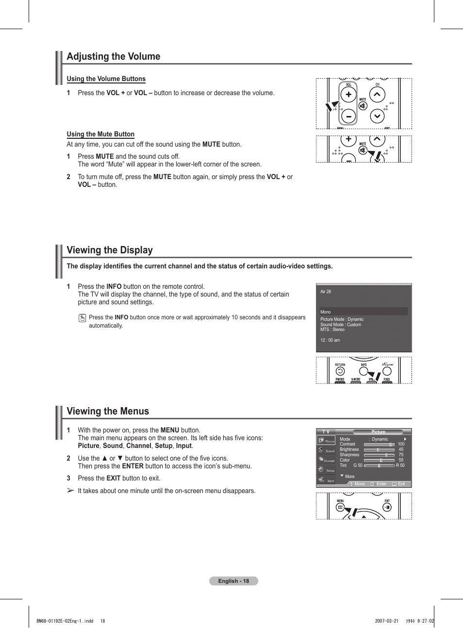 Adjusting the volume, Viewing the display, Viewing the menus | Samsung HPT5054X-XAA User Manual | Page 18 / 144