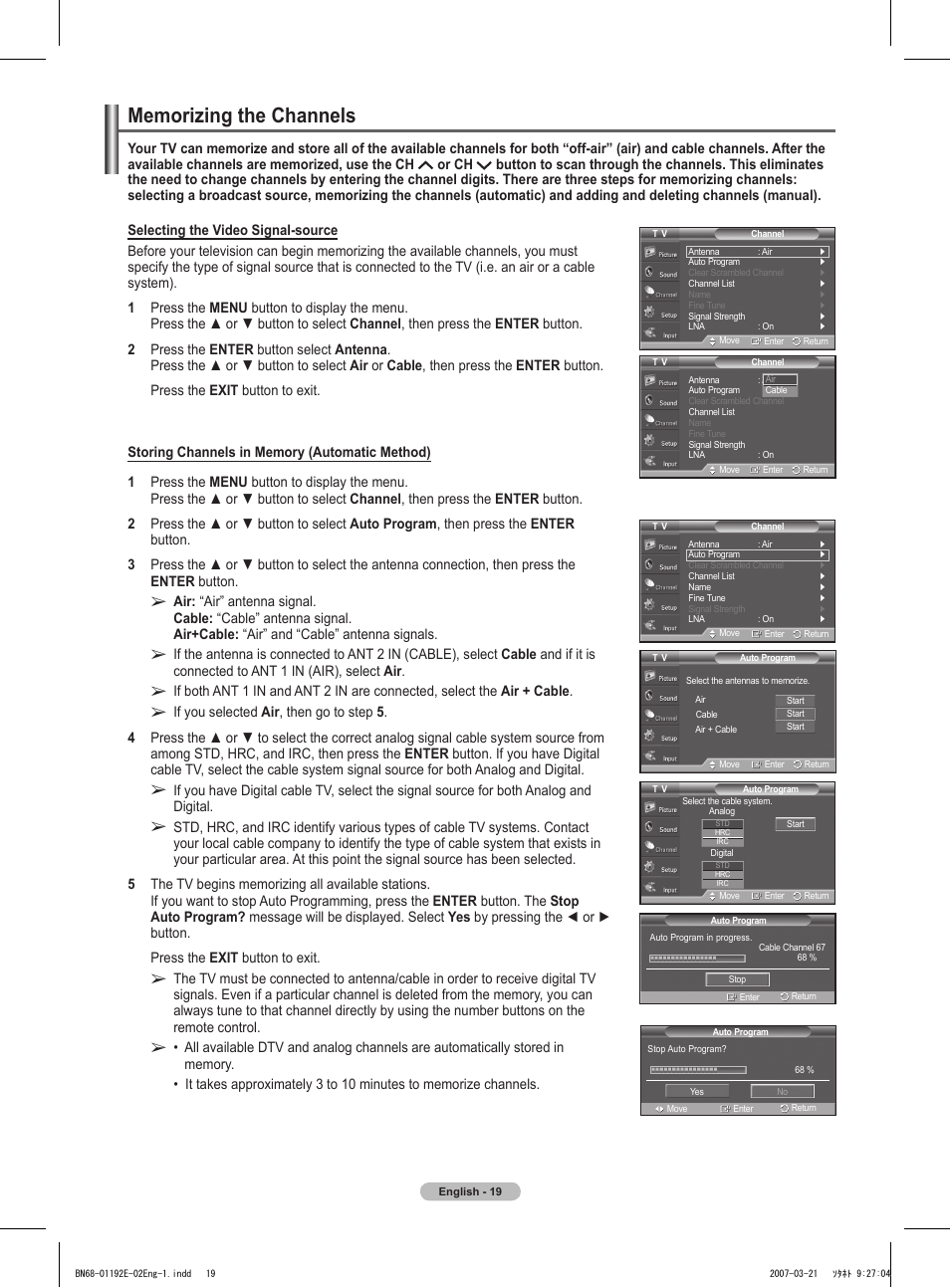 Memorizing the channels | Samsung HPT5054X-XAA User Manual | Page 19 / 144