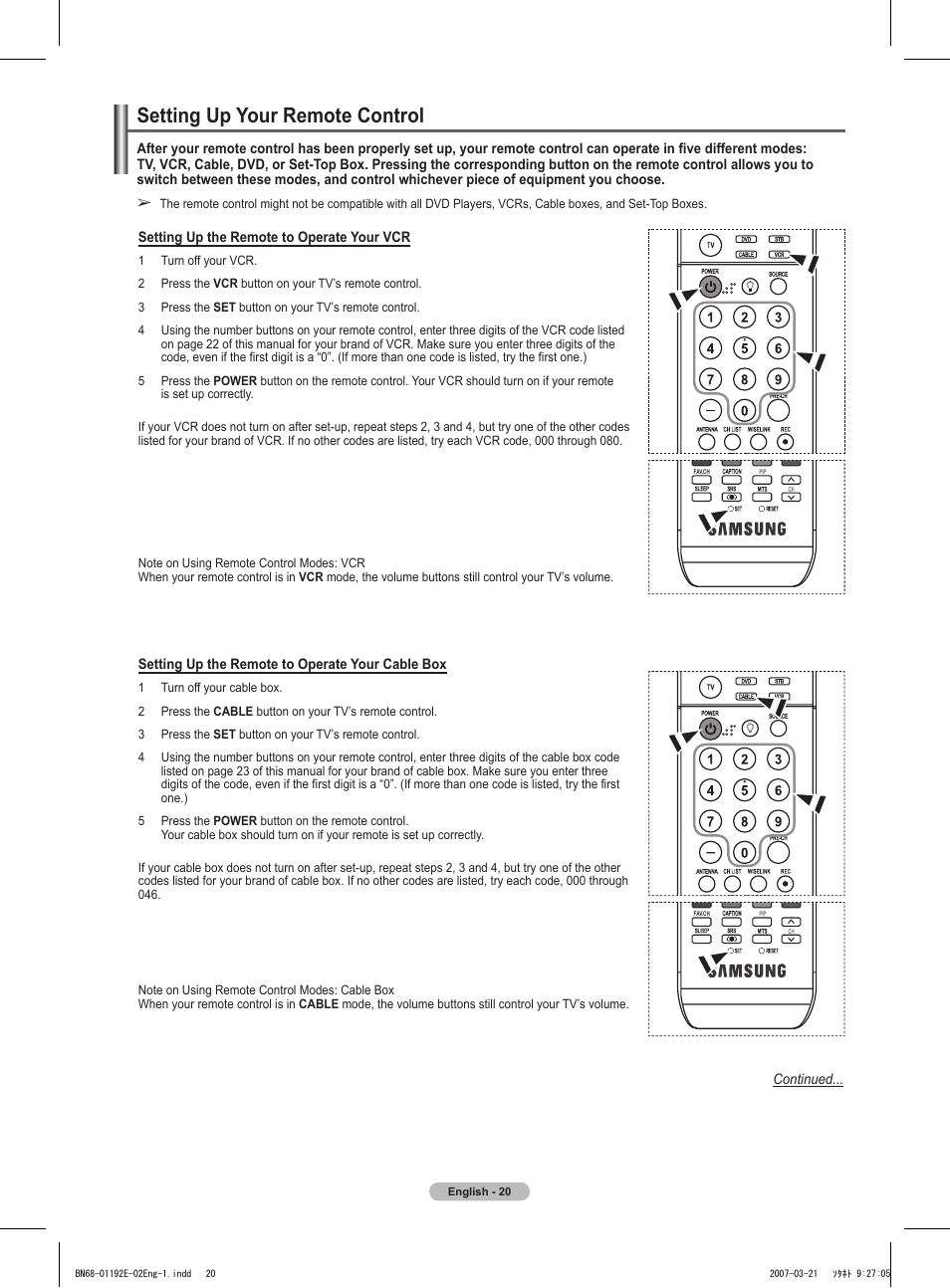 Setting up your remote control | Samsung HPT5054X-XAA User Manual | Page 20 / 144