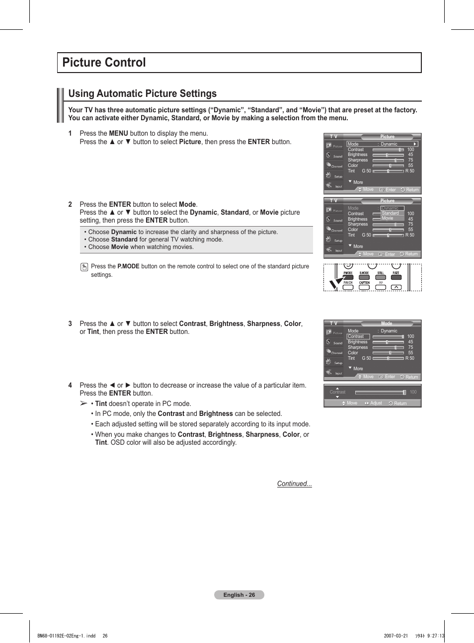 Picture control, Using automatic picture settings | Samsung HPT5054X-XAA User Manual | Page 26 / 144