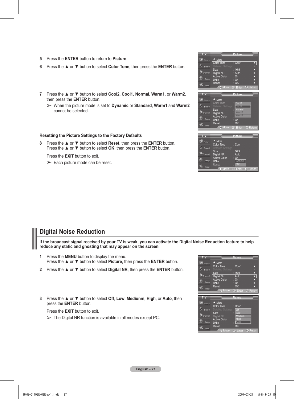 Digital noise reduction, Each picture mode can be reset | Samsung HPT5054X-XAA User Manual | Page 27 / 144