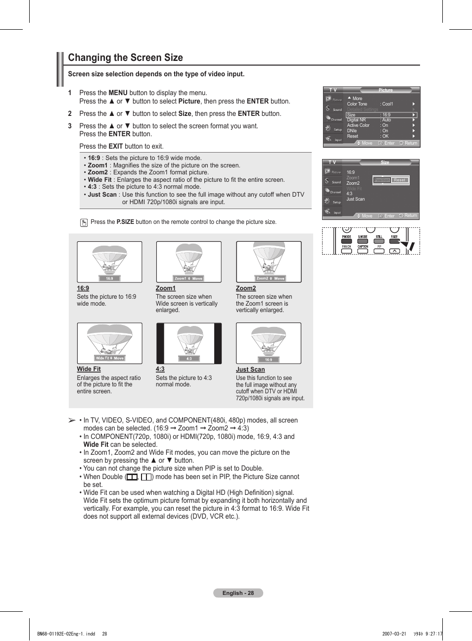 Changing the screen size | Samsung HPT5054X-XAA User Manual | Page 28 / 144