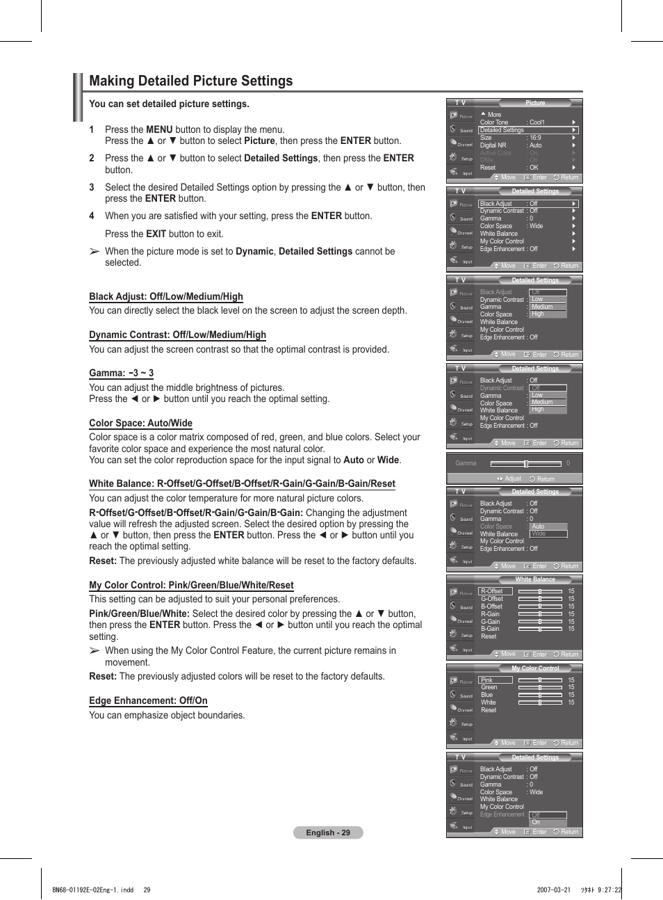 Making detailed picture settings | Samsung HPT5054X-XAA User Manual | Page 29 / 144