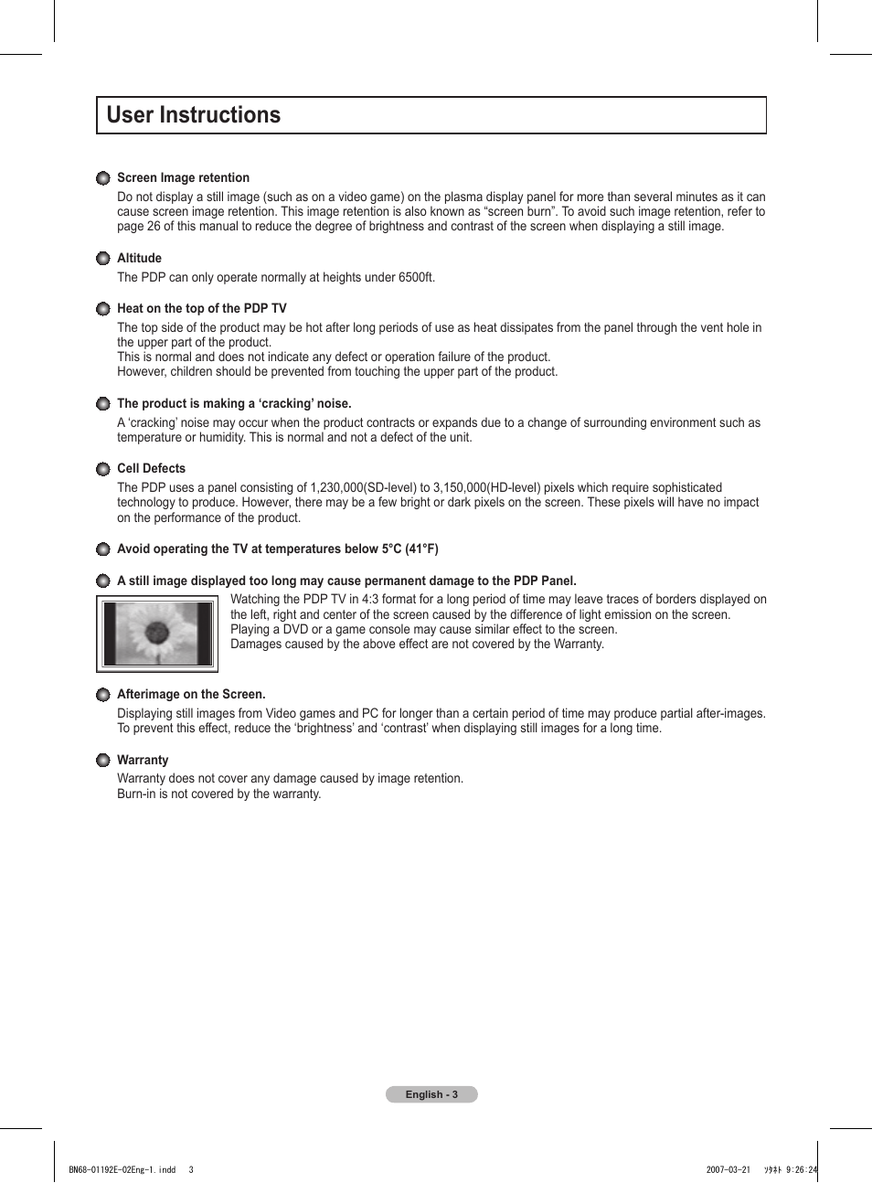 User instructions | Samsung HPT5054X-XAA User Manual | Page 3 / 144