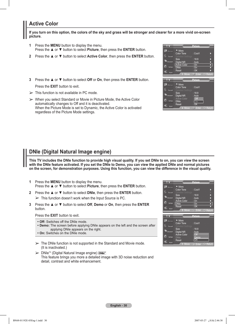 Active color, Dnie (digital natural image engine) | Samsung HPT5054X-XAA User Manual | Page 30 / 144