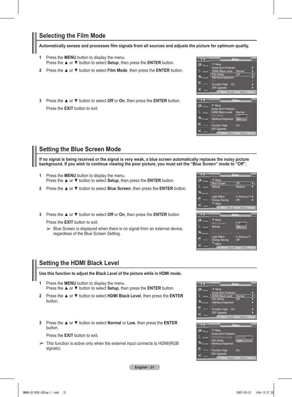 Selecting the film mode, Setting the blue screen mode, Setting the hdmi black level | Samsung HPT5054X-XAA User Manual | Page 31 / 144